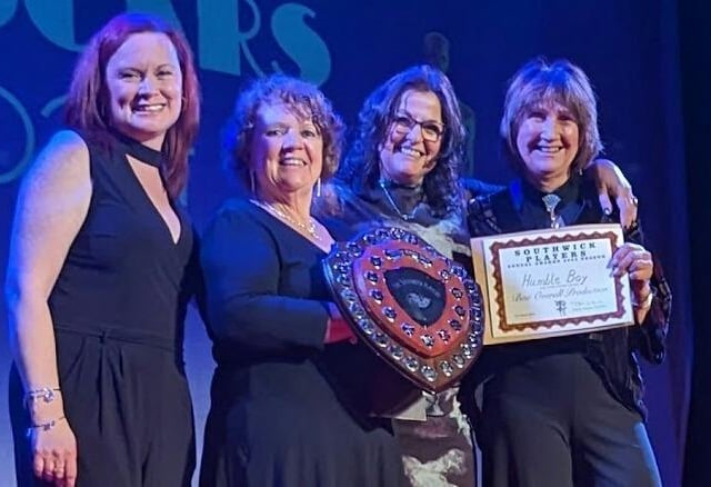 Best supporting female actor Louise Yeo, president Debbie Creissen, director Nettie Sheridan and best female actor nominee Diane Robinson celebrate Humble Boy winning the John Stone Award for best overall production of 2023