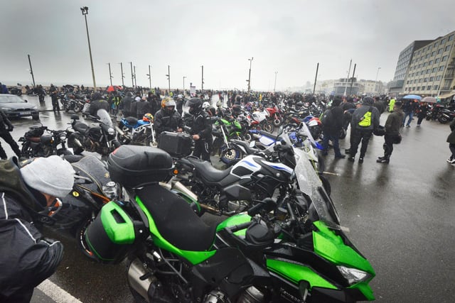 An extremely wet May Day Bike Run 2024 in Hastings on May 6.