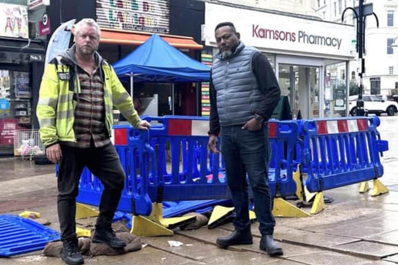 John Bownas and Tony Olujobi pictured by the barricaded area before delayed repair work started