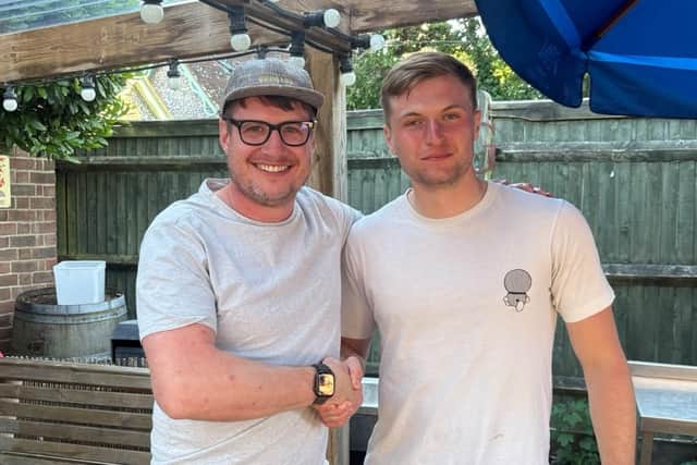 Ryan Welch, right, pictured with previous Sussex Cricket League highest innings record holder Tim Singer, who was playing for Crowborough