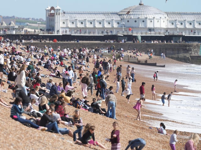 Brighton beach is busy today (April 7, 2026) on what is the hottest day of the year so far