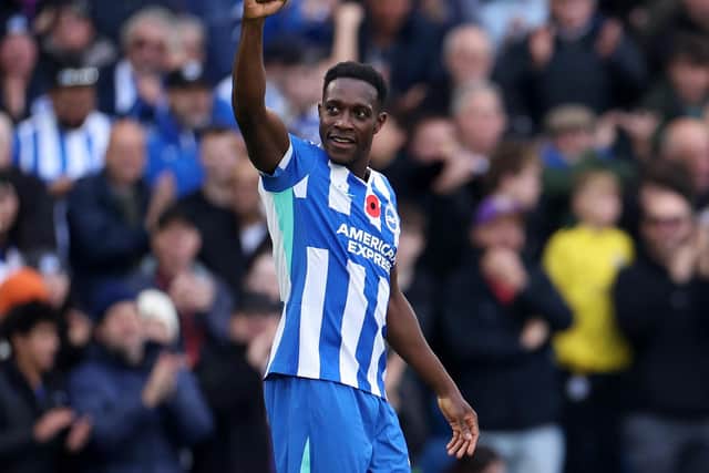 Danny Welbeck celebrates scoring against Leeds United at Amex Stadium on November 01, 2025 in Brighton, England. (Photo by Harry Murphy/Getty Images)