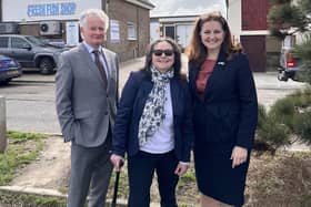 Fiona Mullen (middle) with Eastbourne MP Caroline Ansell (right) and leader of the Conservative group at Eastbourne Borough Council Robert Smart (left)