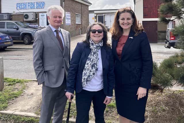 Fiona Mullen (middle) with Eastbourne MP Caroline Ansell (right) and leader of the Conservative group at Eastbourne Borough Council Robert Smart (left)