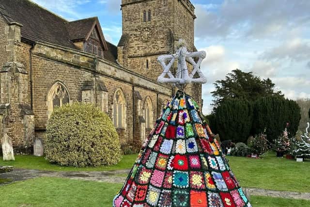 The knitted tree at Warnham church made by the local WI 