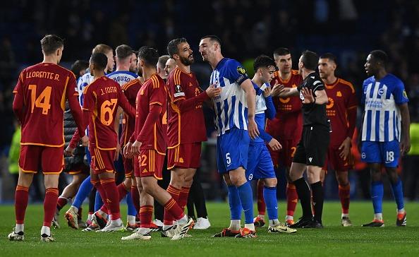 Brighton's English defender #05 Lewis Dunk reacts after the UEFA Europa League round of 16 second leg football match between Brighton and Roma