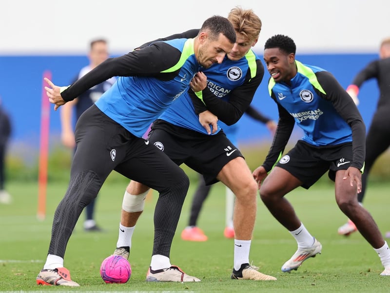 Lewis Dunk protects the ball during training ahead of Chelsea