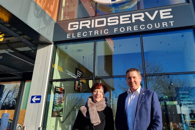 Gatwick's development director Bronwen Jones and GRIDSERVE's founder and CEO Toddington Harper at the new facility at London Gatwick. Picture: Mark Dunford/SussexWorld.co.uk