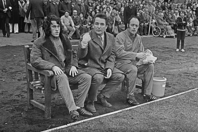 Brian Clough on the Brighton and Hove Albion FC bench (and yes it is an actual bench) during an FA Cup first round match against Walton and Hersham in November 1973. (Photo by Evening Standard/Hulton Archive/Getty Images)