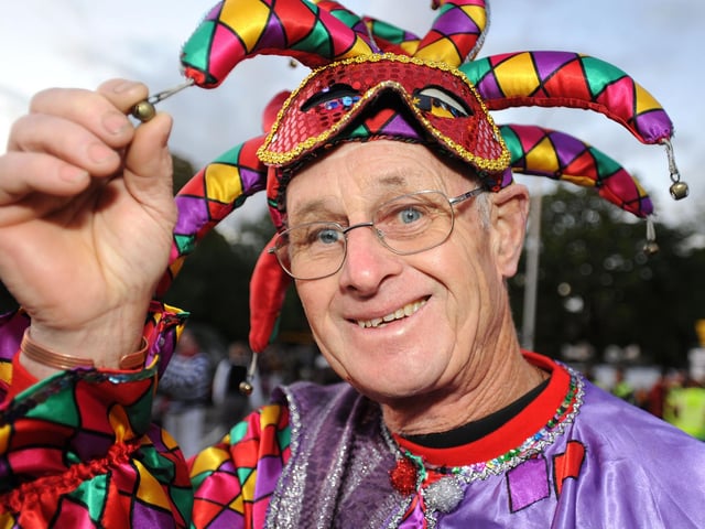 Burgess Hill Bonfire Night. Les Pike is the jester
