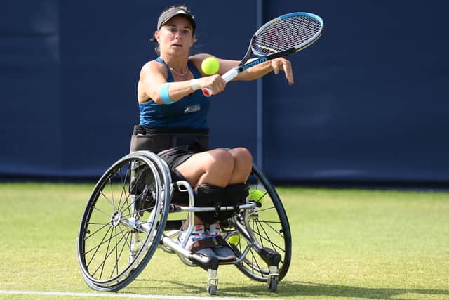 Lucy Shuker of Great Britain in action against Zhenzhen Zhu of China in their Women's Wheelchair Quarter Final on day six of the Rothesay International Eastbourne at Devonshire Park last year. (Photo by Mike Hewitt/Getty Images)