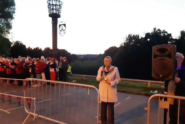 The new Mayor of Crawley Councillor Jilly Hart giving her speech to the crowd