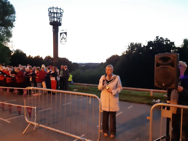 The new Mayor of Crawley Councillor Jilly Hart giving her speech to the crowd