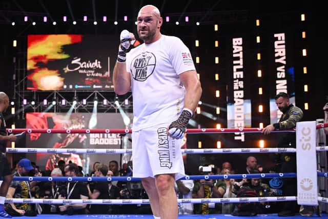 Tyson Fury poses for a photo following a public workout ahead of the Fury v Francis Ngannou boxing match at Boulevard Hall in Riyadh, Saudi Arabia. (Photo by Justin Setterfield/Getty Images)