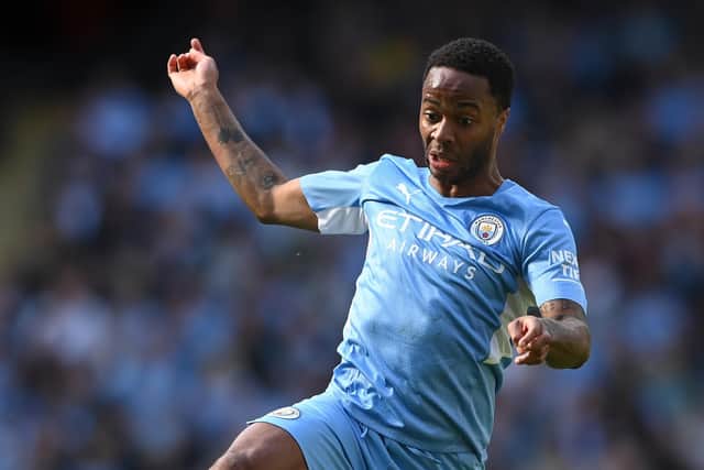 Manchester City player Raheem Sterling in action during the Premier League match between Manchester City and Newcastle United at Etihad Stadium on May 08, 2022 (Photo by Stu Forster/Getty Images)
