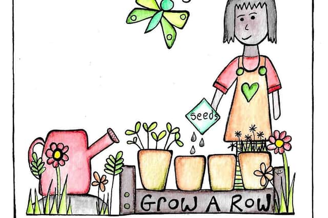 Grow and share a row for community food projects. Illustration by KT Shepherd.