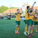 Horsham FC celebrate after knocking Dorking Wanderers out of the FA Cup. Picture by John Lines