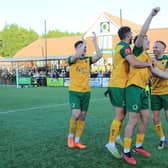 Horsham FC celebrate after knocking Dorking Wanderers out of the FA Cup. Picture by John Lines
