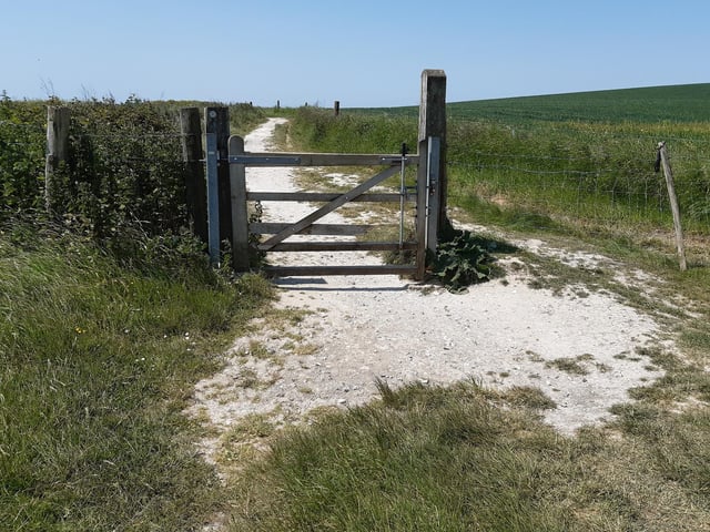 Here, you join a much wider footpath. Turn right to go through the gate and follow the path.