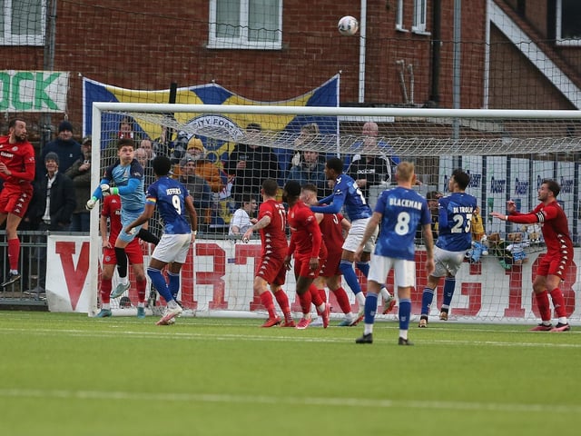 Action from Worthing and St Albans' nine-goal thriller in the National League South at Woodside Road