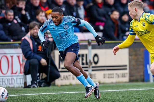 Eastbourne Borough, in a blue away kit, take on Havant at Priory Lane but they lost their 2023 opener | Picture: Lydia Redman