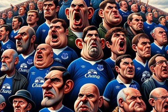 The fans, in Everton blue, show expressions of dedication and resilience, capturing the club's storied history and the steadfast spirit of its fanbase. In the stadium, they are depicted as passionate and supportive, with some showcasing historical symbols or engaging in traditional chants, illustrating the deep-rooted loyalty and enduring enthusiasm of Everton supporters.