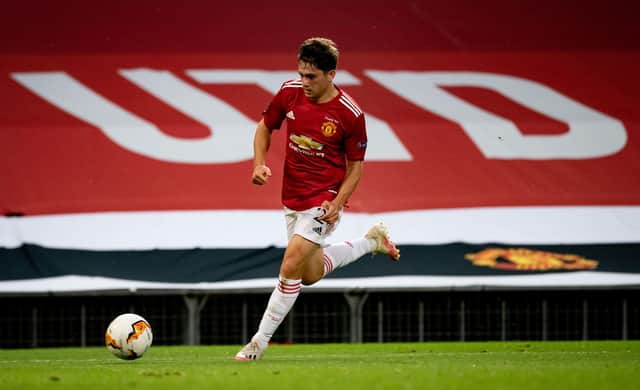 MANCHESTER, ENGLAND - AUGUST 05: Daniel James of Manchester United in action during the UEFA Europa League round of 16 second leg match between Manchester United and LASK at Old Trafford on August 05, 2020 in Manchester, England. (Photo by Ash Donelon/Manchester United via Getty Images)