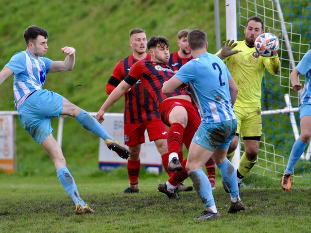 Action from Worthing United's 2-2 draw with Wick in the SCFL Division 1