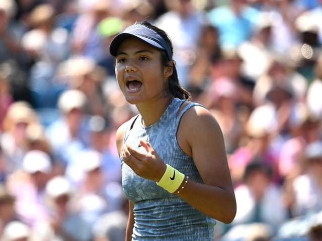 Emma Raducanu of Great Britain reacts against Sloane Stephens of United States  on Day Four of the Rothesay International Eastbourne at Devonshire Park