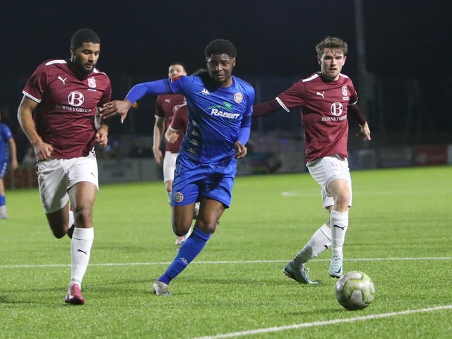 Action between Worthing and Hastings United in the Sussex Senior Cup semi-final at Lancing