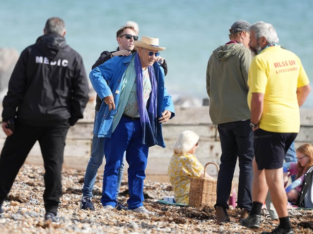 Sir Ian McKellen and Roger Allam were spotted filing together on Worthing beach today (October 7, 2025)