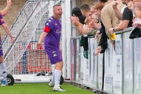 Bujrgess Hill's ex-Rocks midfielder Darren Budd celebrates on the way to Hill's win at Lancing on Monday - now they are eyeing victory in another Sussex derby, v Bognor in the FA Cup | Picture: Chris Neal