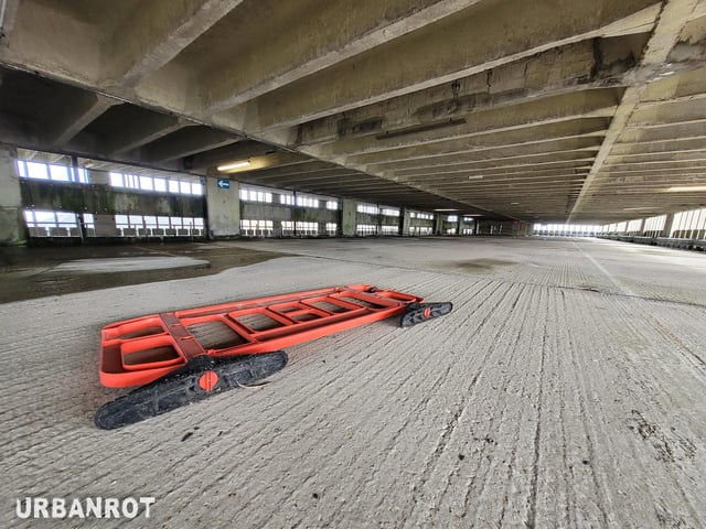 The empty car park has an eerie atmosphere.