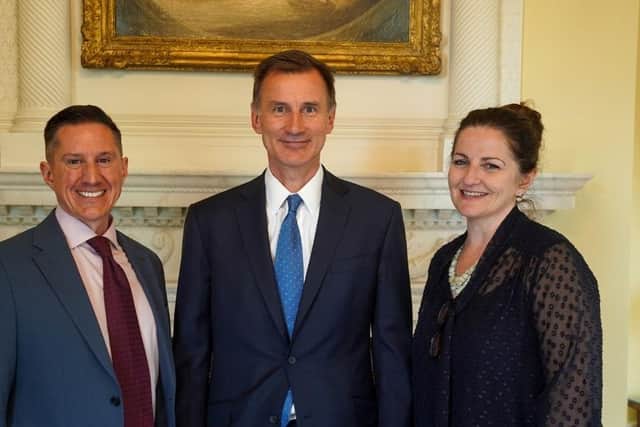Rob Reaks with the Chancellor The RT Hon Jeremy Hunt, and Caroline Ansell MP for Eastbourne and Willingdon, in the White State Drawing Room, No. 10.