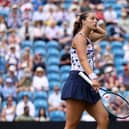 Jodie Burrage of Great Britain reacts against Barbora Krejcikova of Czechia during the Women's Singles Second Round match on Day Three of the Lexus Eastbourne Open at Devonshire Park on June 25, 2025 in Eastbourne, England.  (Photo by Charlie Crowhurst/Getty Images for LTA)