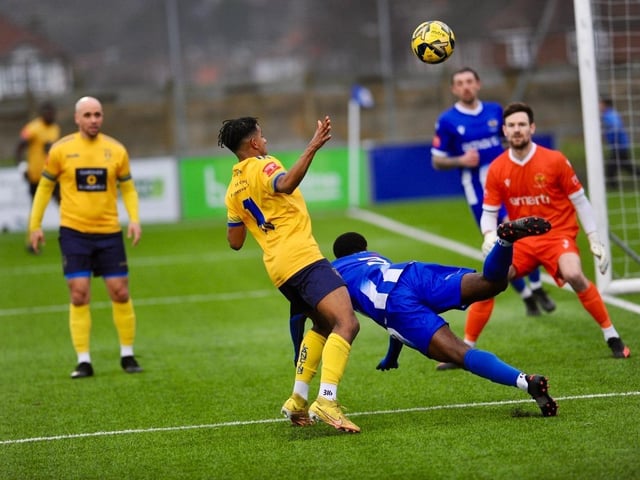 Action from Lancing FC's 1-0 home loss to East Grinstead Town in the Isthmian south east division