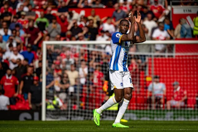 Danny Welbeck of Brighton & Hove Albion in action during the Premier League match between Manchester United and Brighton & Hove Albion at Old Trafford (Photo by Ash Donelon/Manchester United via Getty Images)