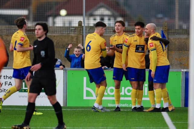 Lancing celebrate a goal against Sevenoaks earlier in the season - and it's been a campaign that's ended in their highest ever league finish | Picture: Stephen Goodger