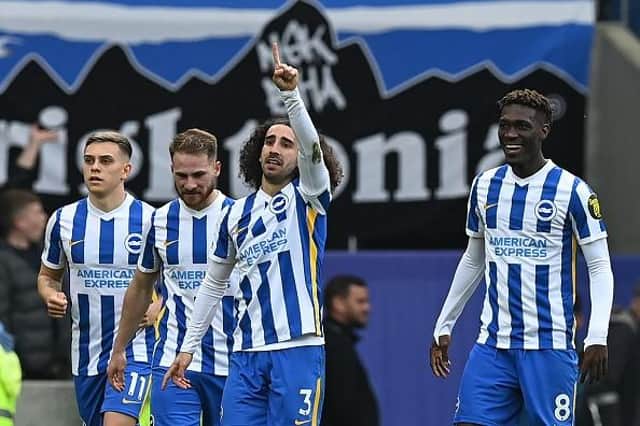 Marc Cucurella celebrates his first ever goal for Brighton as Albion turned on the style in the Premier League against Manchester United