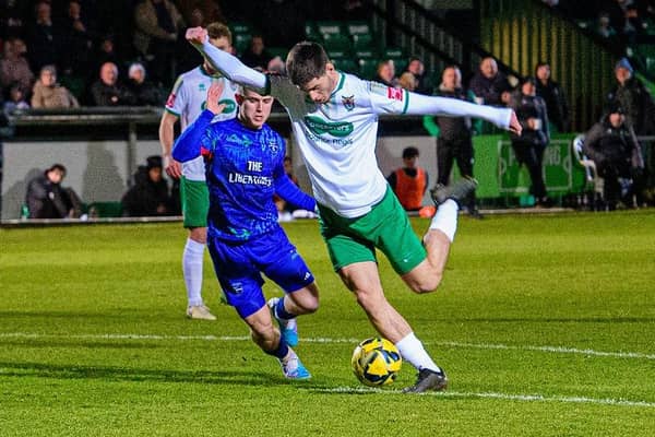 Crawley Town's Florian Kastrati fires home for loan club Bognor Regis Town in Tuesday night's 1-0 home win over Margate in the Isthmian Premier. Picture by Tommy McMillan