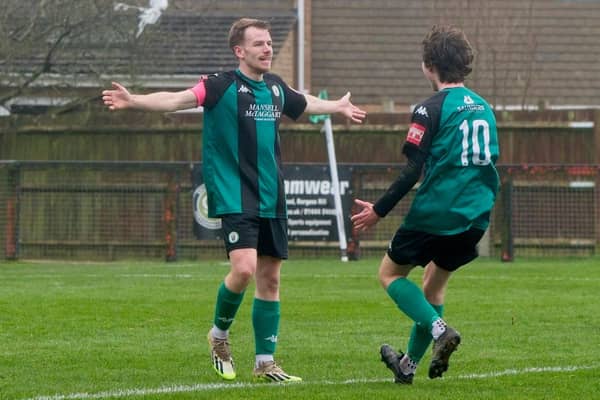 Burgess Hill Town celebrate going ahead v Hythe - but it ended in defeat | Picture: Chris Neal