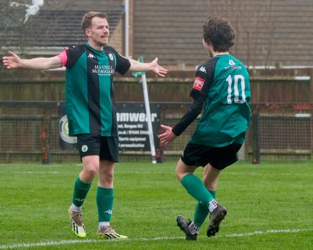 Burgess Hill Town celebrate going ahead v Hythe - but it ended in defeat | Picture: Chris Neal