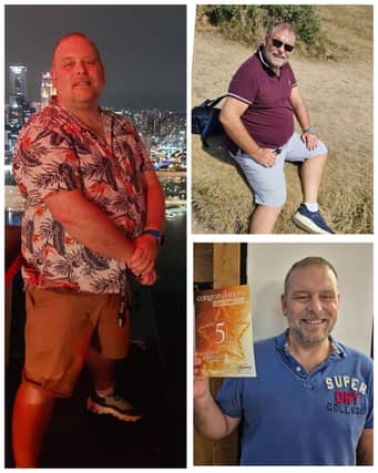 Marks journey - left pic before joining Slimming World. Top right a couple of stone down. Bottom right 5.5 stone lighter