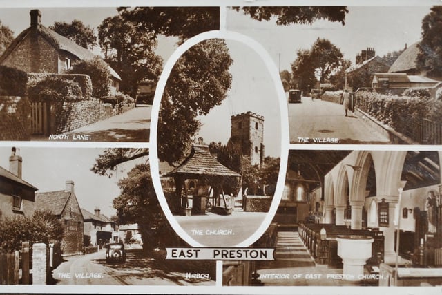 There are two postcards for East Preston. The monochrome one shows North Lane, the church, two pictures of the village and the interior of East Preston Church.