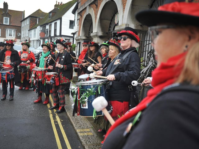 The 71st National Town Criers' Championships in Rye on October 12 2024. Ryebellion Drummers.