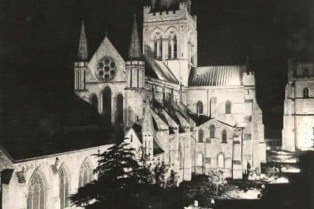 Chichester’s Cathedral illuminated with flood lights during VE Day celebrations. Picture: The Novium Museum