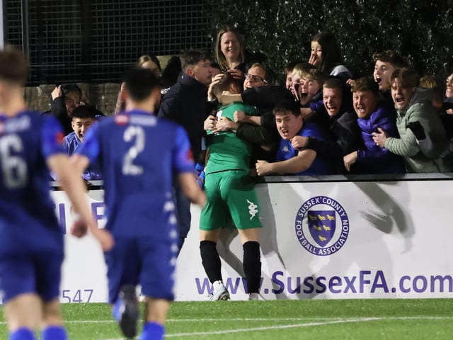Action between Worthing and Hastings United in the Sussex Senior Cup semi-final at Lancing
