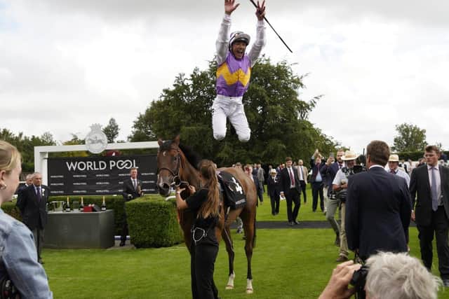 Frankie flies! A Dettori dismount follows his and Kinross' win in the Qatar Lennox Stakes - this in Dettori's final Glorious week before retirement | Picture: Clive Bennett