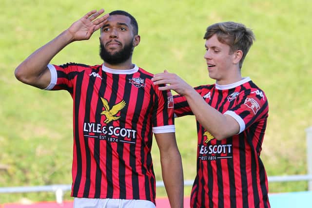 Deon Moore salutes his winner against Sevenoaks at The Dripping Pan | Picture: James Boyes