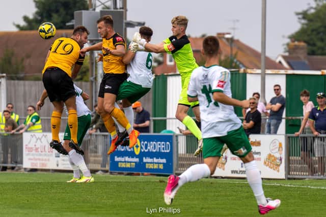 Aerial action in the Bognor-Cray tie at Nyewood Lane | Picture: Lyn Phillips